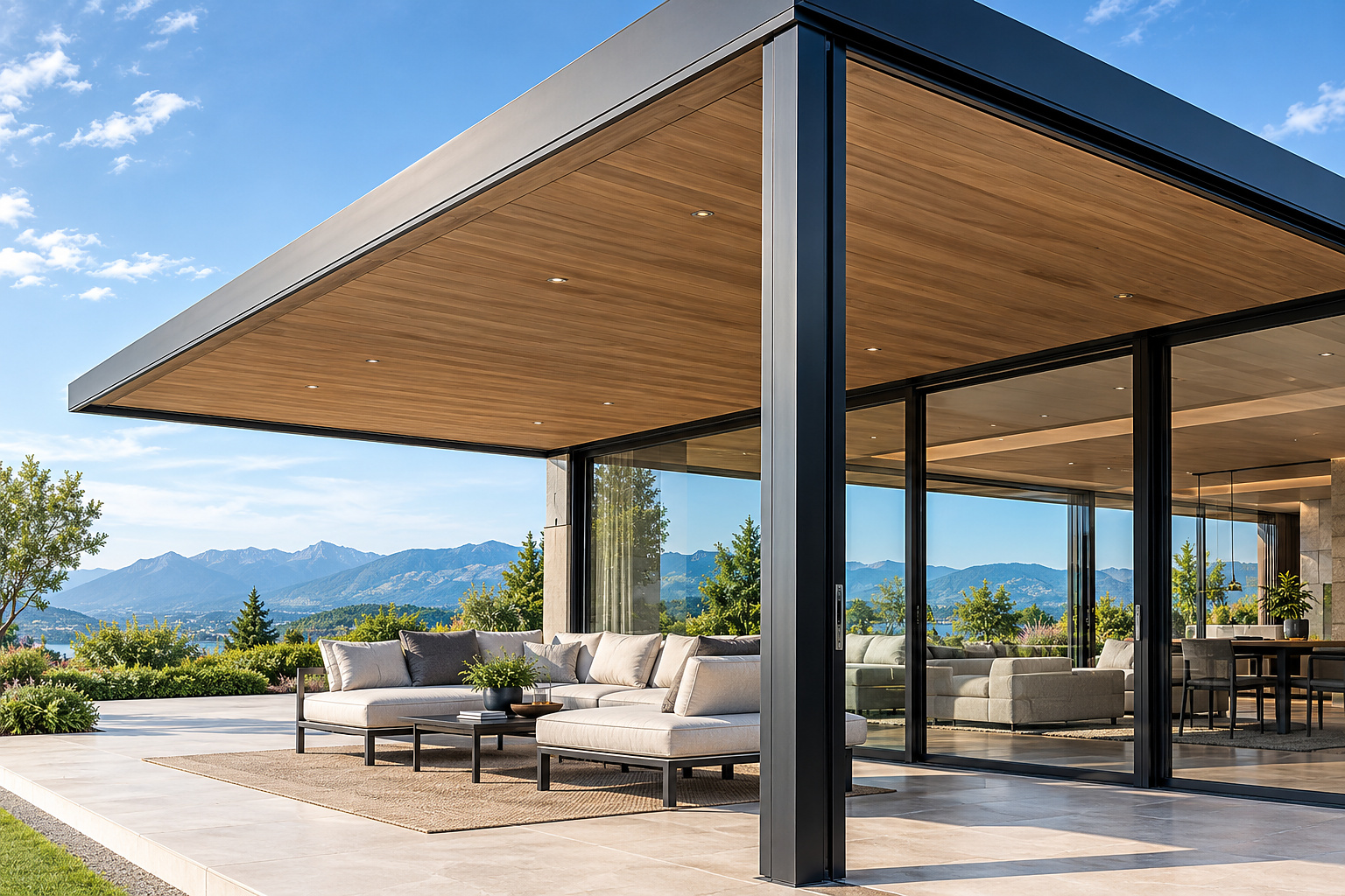 High-resolution modern villa with premium glass sliding doors and a timber-lined roof