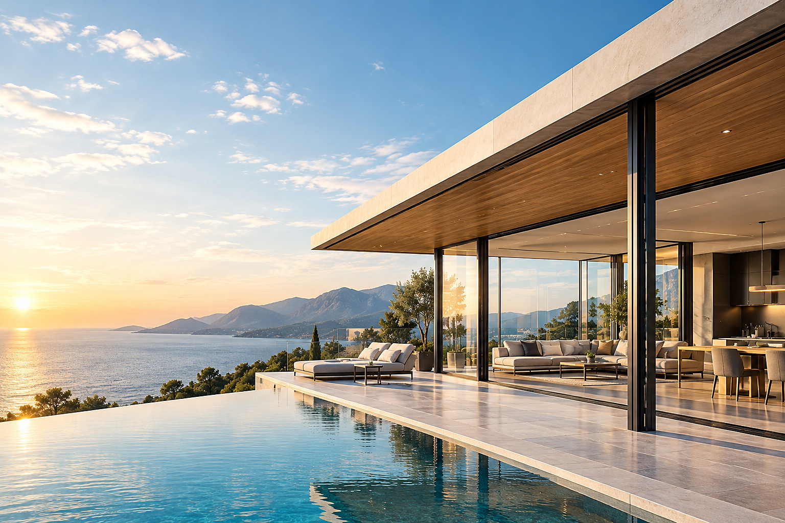 Luxury contemporary home with floor-to-ceiling glass windows and doors